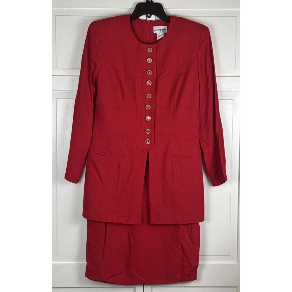 Perceptions Women Dress 8 Red Rayon 90s Career Faux Jacket Layered Sheath Midi